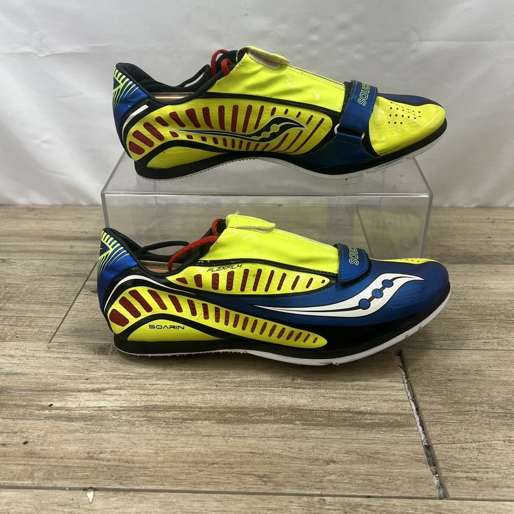 Saucony‎ Soarin J Mens Florescent Yellow Blue Track Cleats S20190-2  size 9